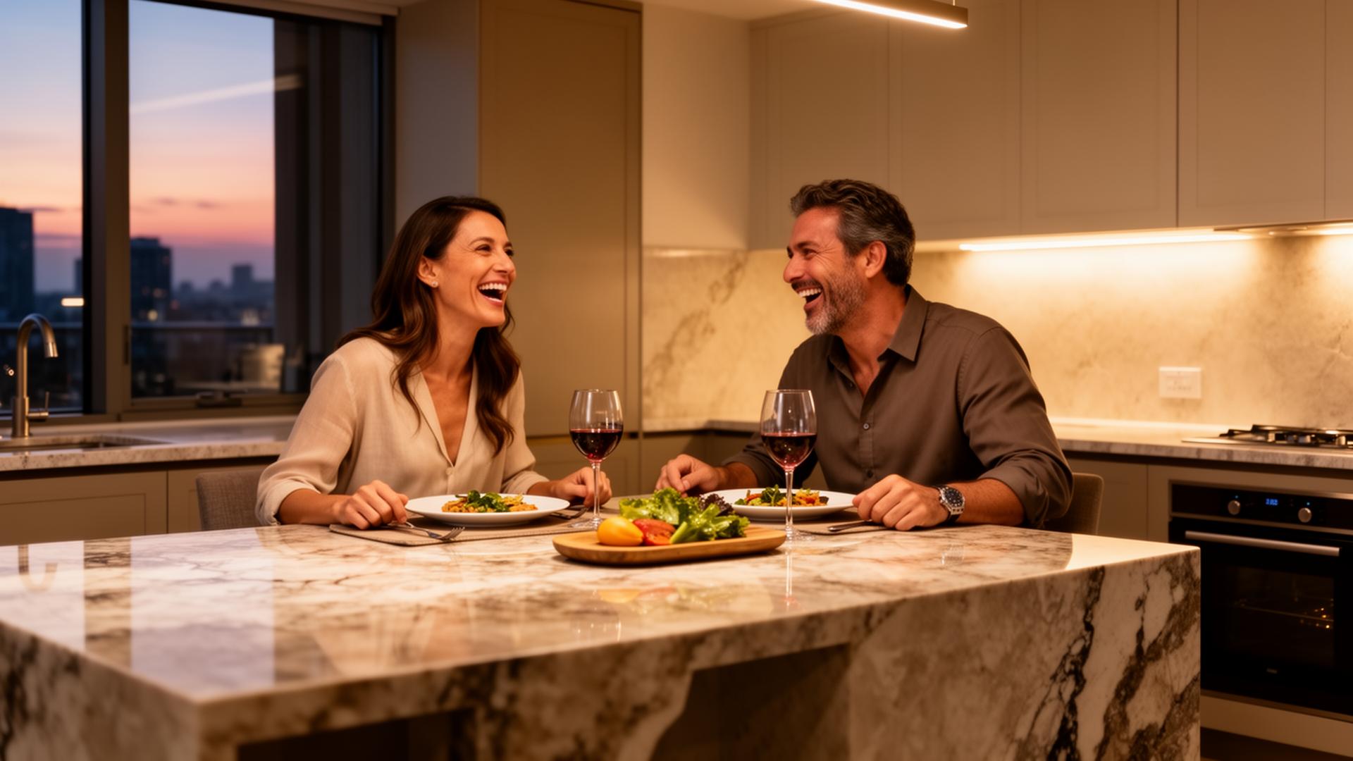 Pareja cenando en la cocina de su nuevo hogar